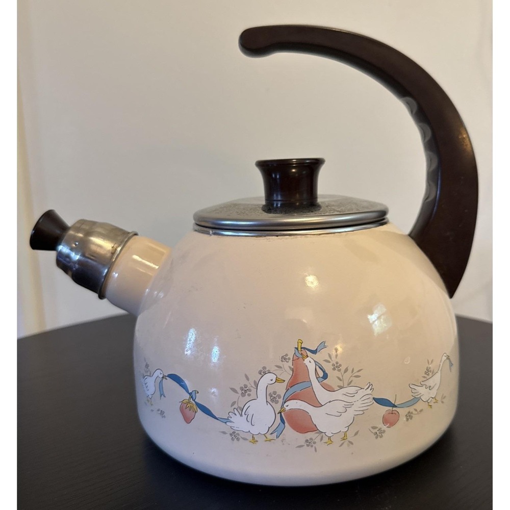 Marmalade Enamel Whistling Tea Kettle W/ Goose Design Pear Wood Handle